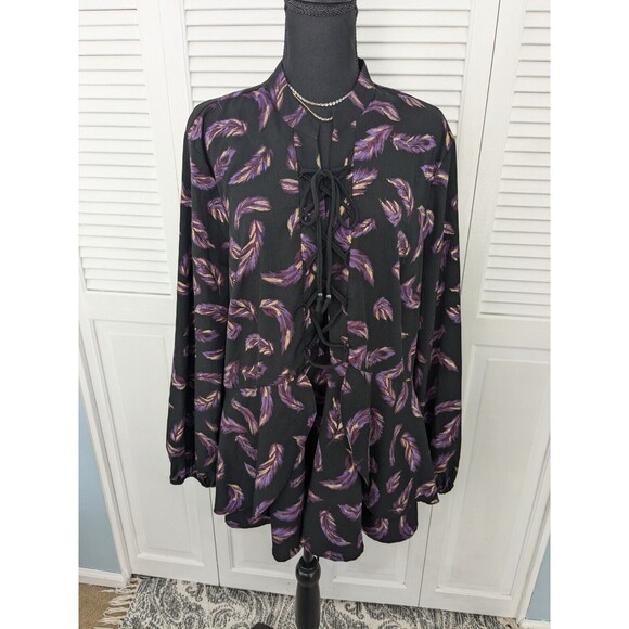 LANE BRYANT Top Women's Plus Sz 22 Blouse Black Purple Laceup Boho Peasant Shirt - Picture 1 of 15